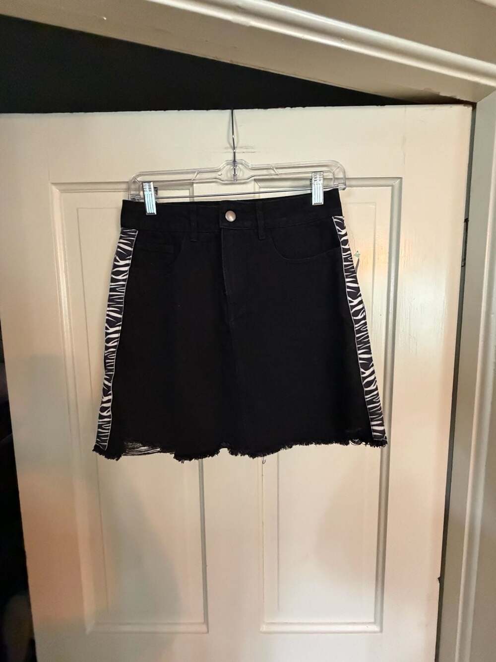amp Black Denim Mini Skirt with Zebra Print Side Panels and Raw Hem